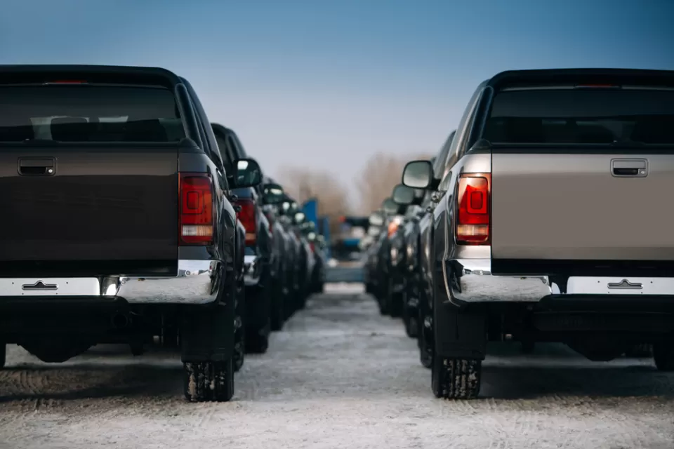 Large pickup trucks are parked in neat rows extending into the fuzzy background of the image.